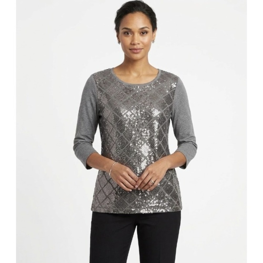 Quacker Factory Large Gray Sequins Stretch‎ Knit 3/4 Sleeve Top Festival Evening